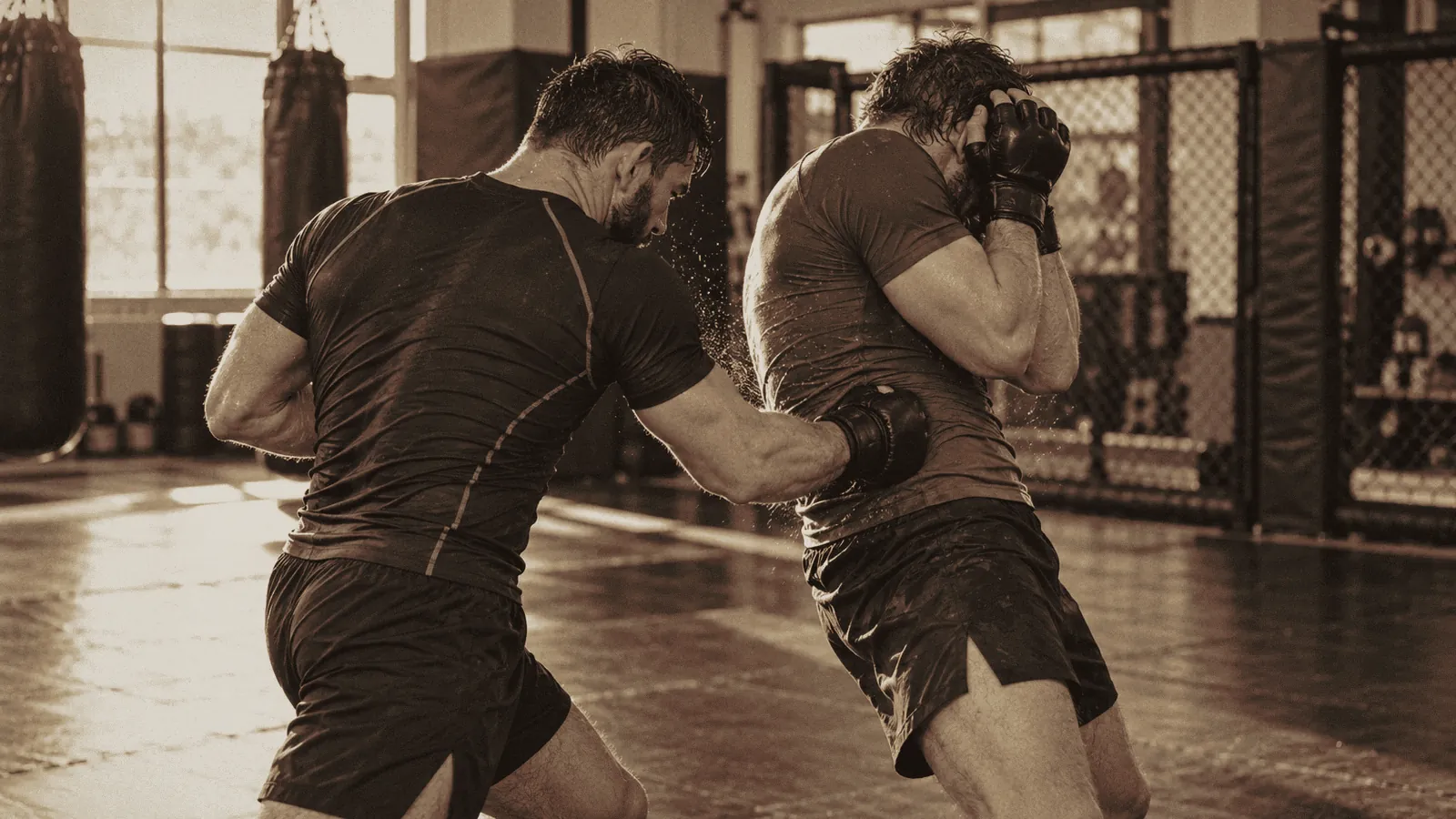 MMA-Sparring in der Halle: Körperhaken mit MMA-Handschuhen, der Partner deckt ab (Symbolbild).