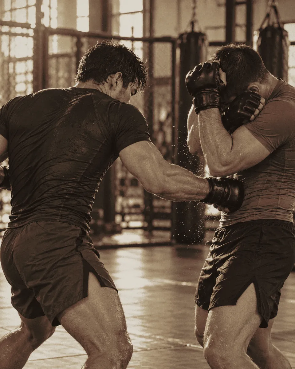 MMA-Sparring in der Halle: Körperhaken mit MMA-Handschuhen, der Partner deckt ab (Symbolbild).